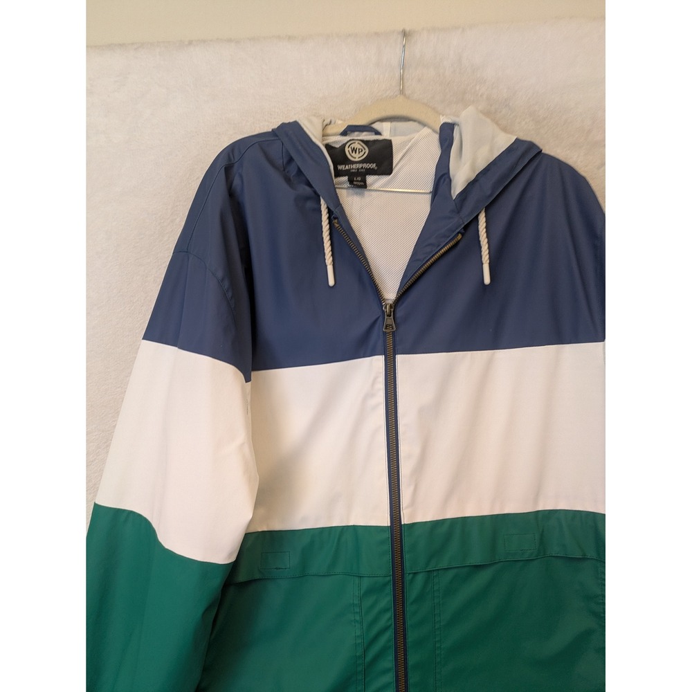 Weatherproof Rain Jacket Men's Large Blue White Green Colorblock Hooded Zip - Picture 4 of 10